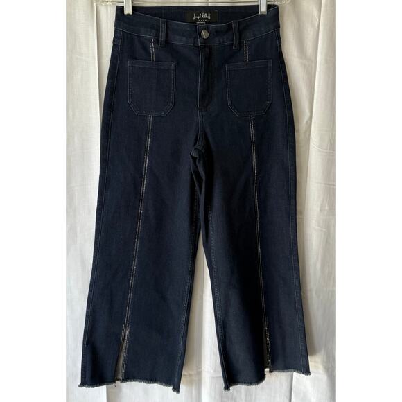 Joseph Ribkoff Rhinestone Embellished Raw Hem Culotte Jeans Blue Cropped 6 Wide - Picture 1 of 8